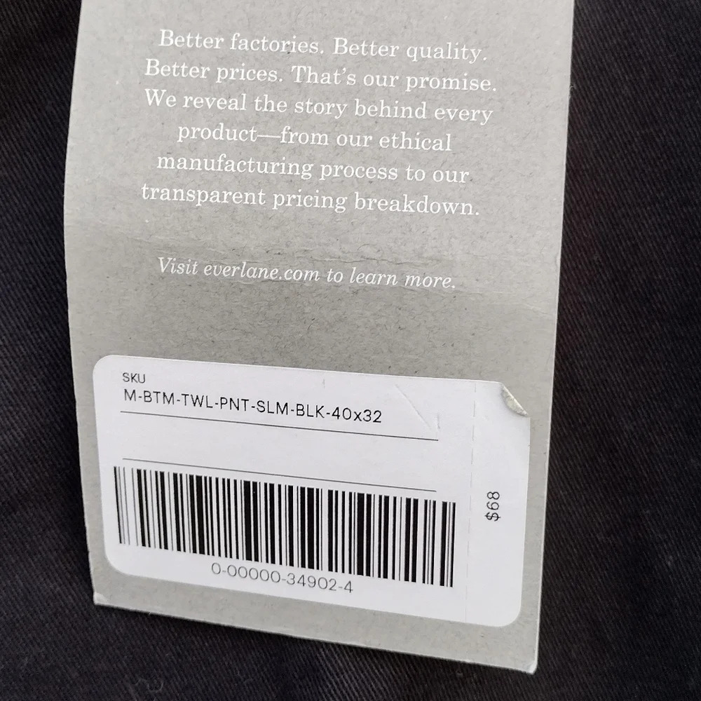 EVERLANE Pants Men’s 40x32 Black NWT Performance Twill Chino Slim Fit - Picture 3 of 6